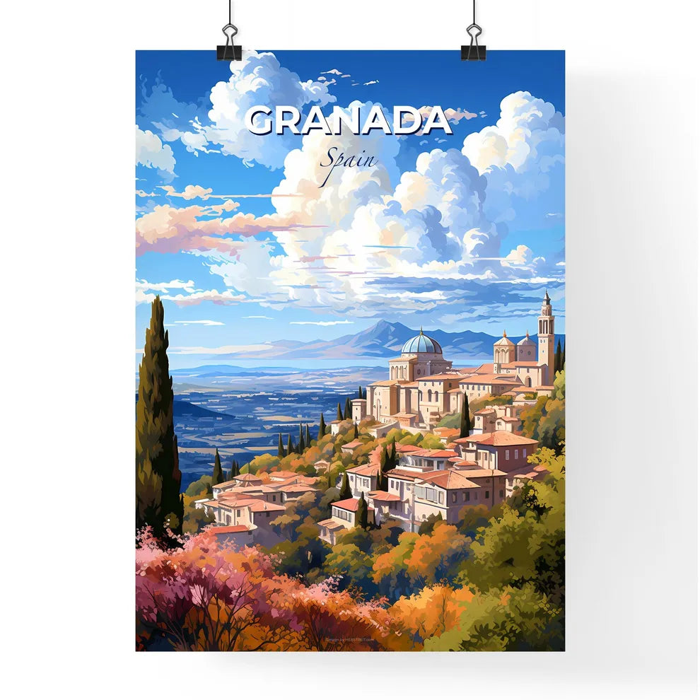 Granada Spain Skyline - A Landscape Of A Town With Trees And Mountains  - Customizable Travel Gift