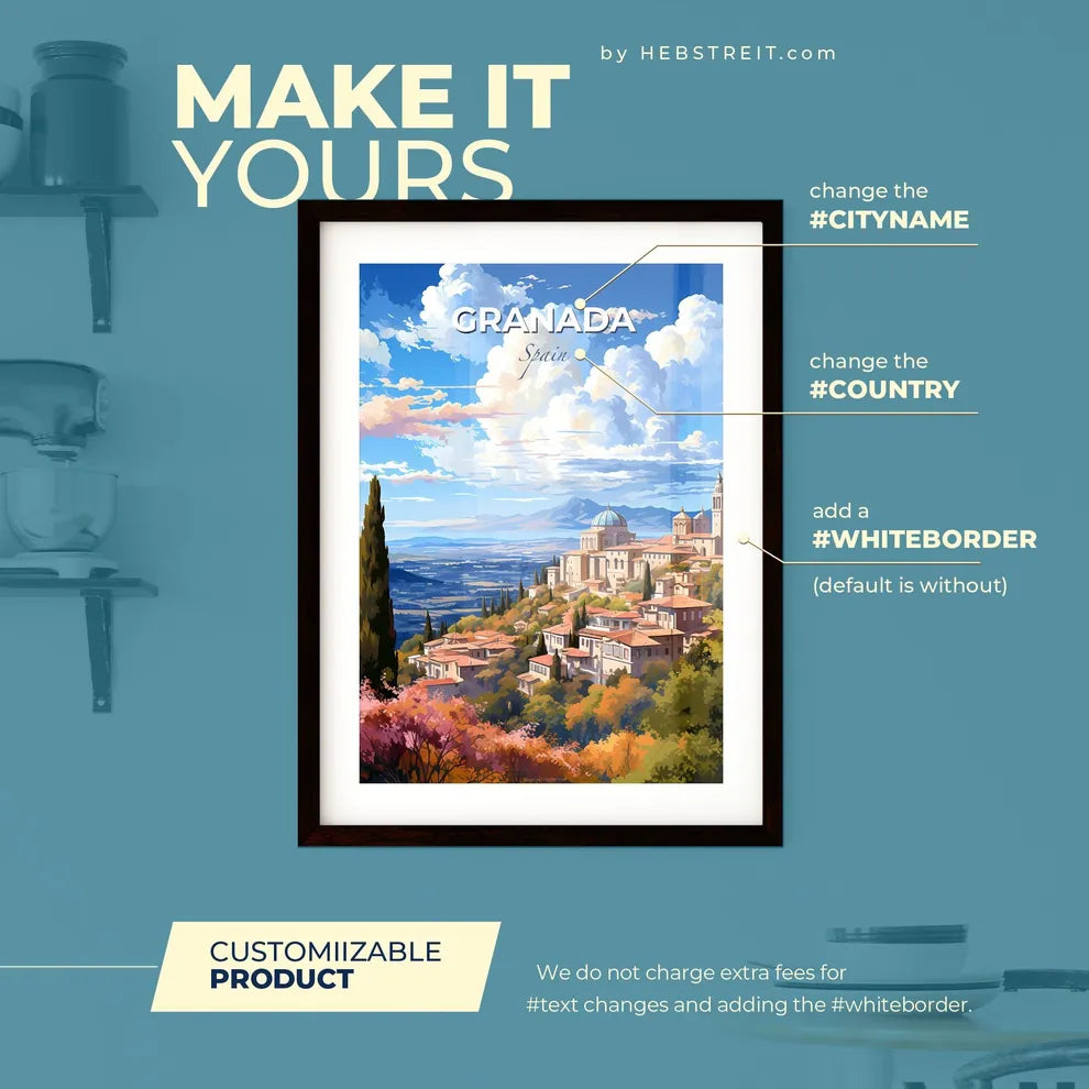 Granada Spain Skyline - A Landscape Of A Town With Trees And Mountains  - Customizable Travel Gift