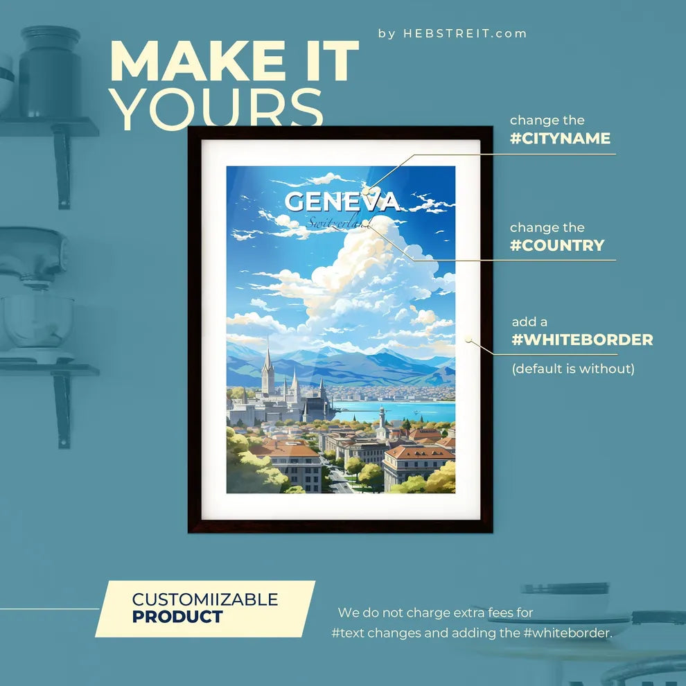 Geneva Switzerland Skyline - A City With A Lake And Mountains  - Customizable Travel Gift