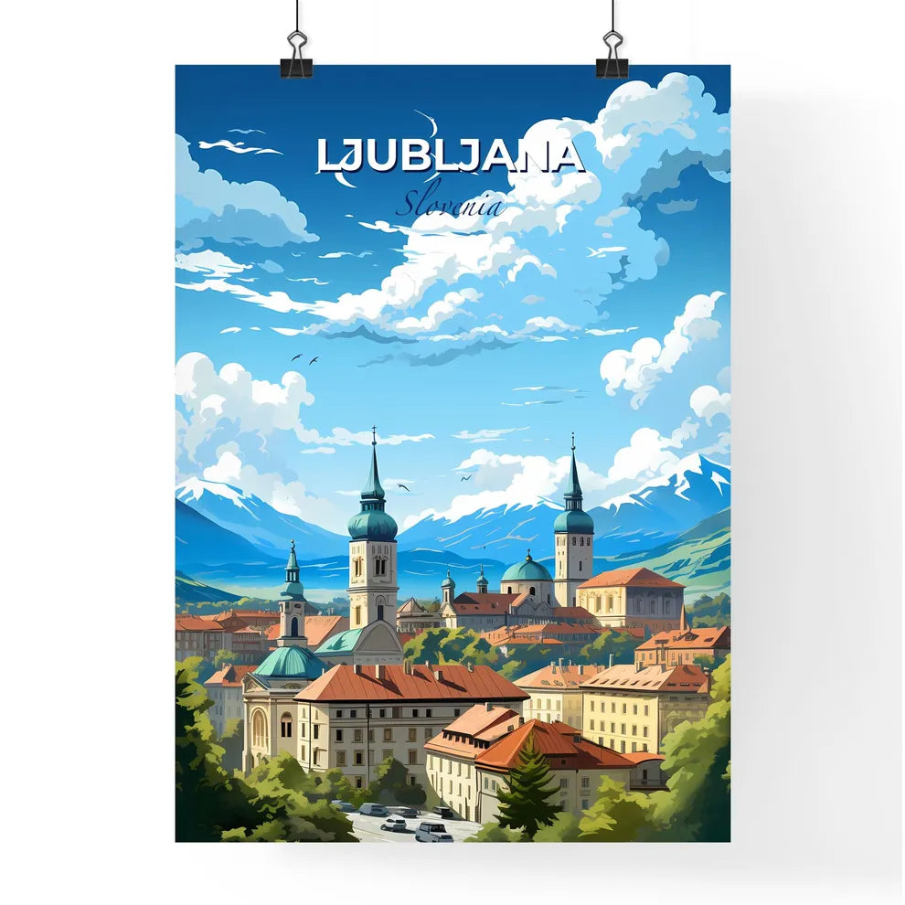 Ljubljana Slovenia Skyline - A City With Many Towers And Mountains In The Background  - Customizable Travel Gift