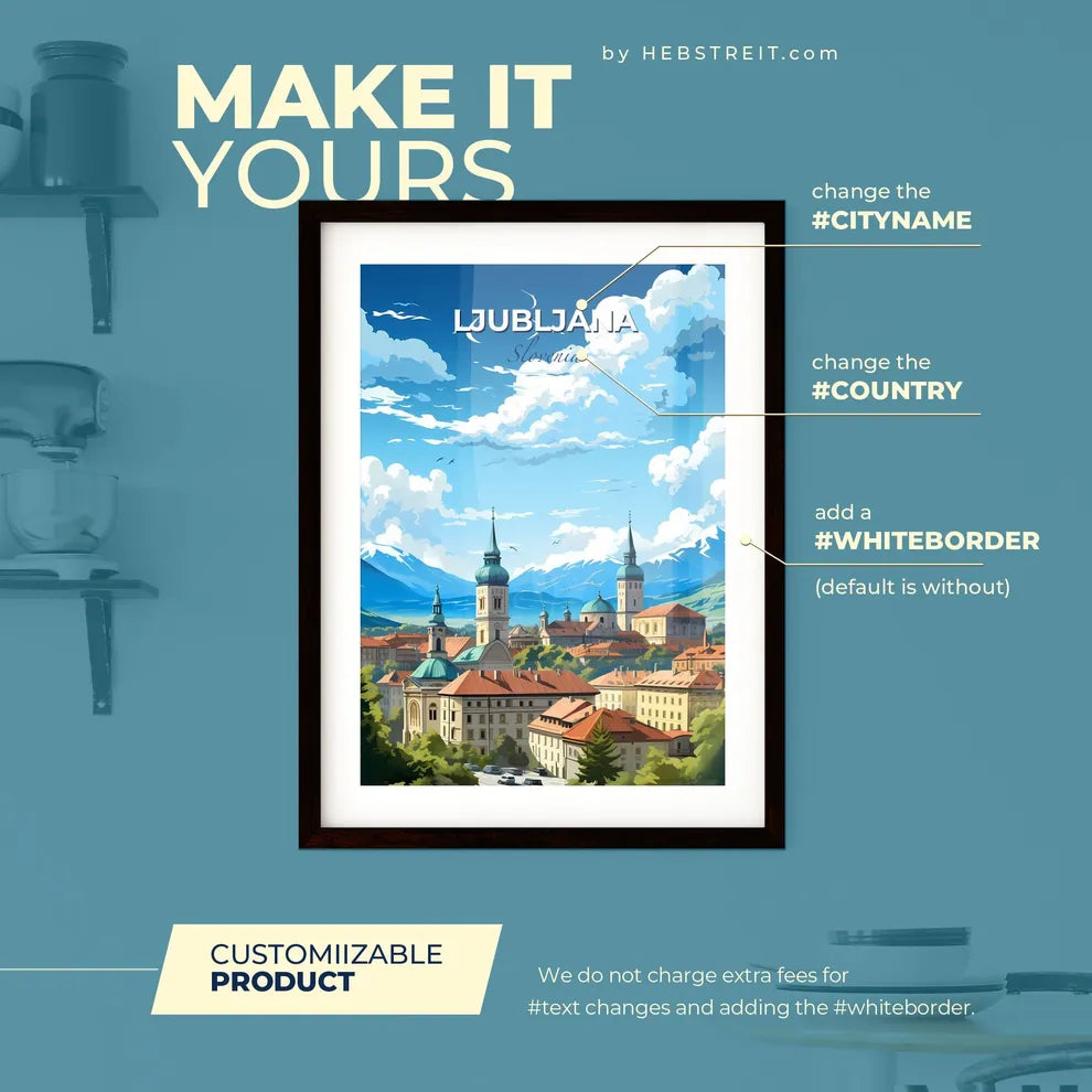 Ljubljana Slovenia Skyline - A City With Many Towers And Mountains In The Background  - Customizable Travel Gift