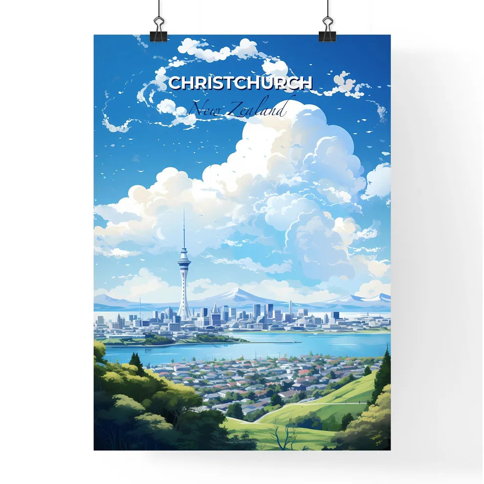 Christchurch New Zealand Skyline - A City Landscape With A Tall Tower And A Body Of Water  - Customizable Travel Gift