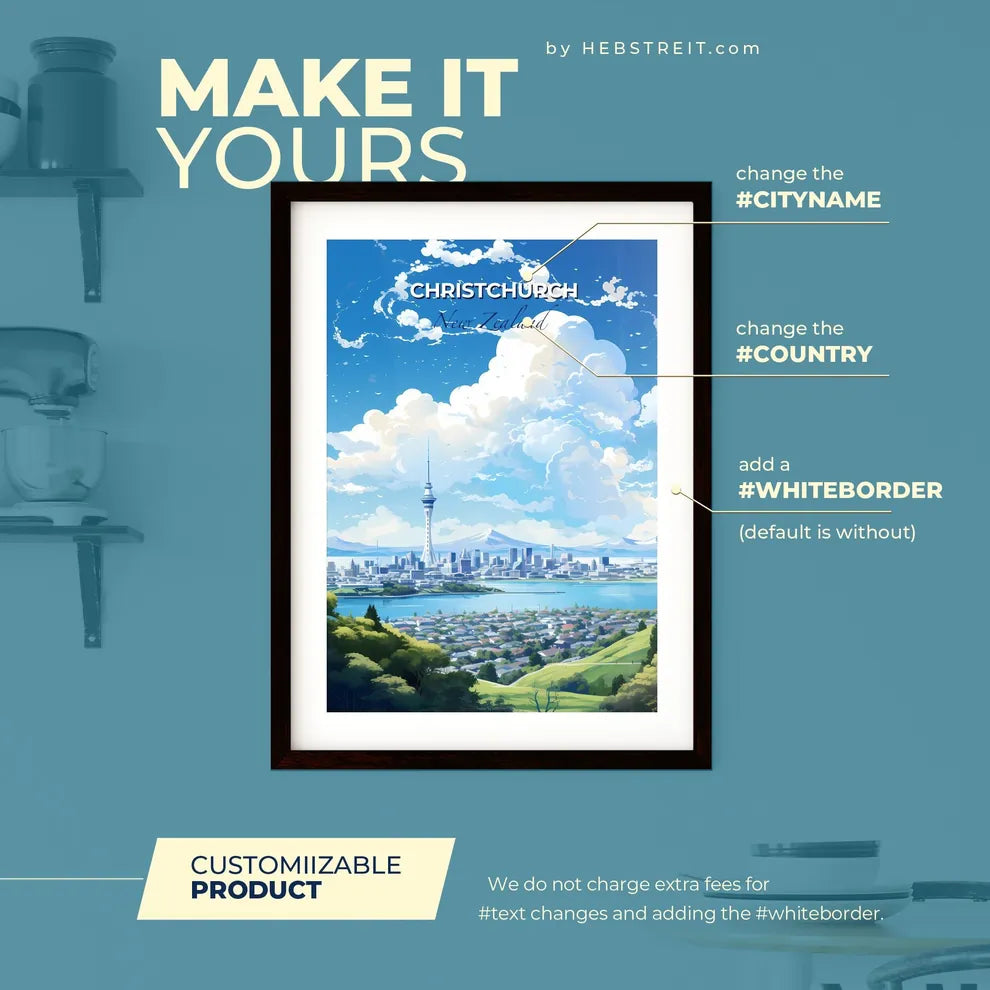 Christchurch New Zealand Skyline - A City Landscape With A Tall Tower And A Body Of Water  - Customizable Travel Gift