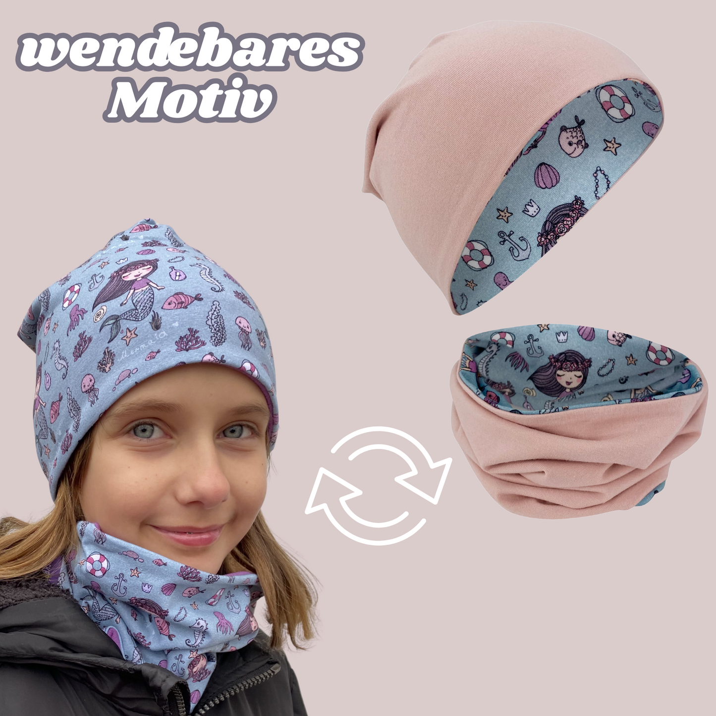 Kinder Beanie Mütze & Loop Set - Meerjungfrau