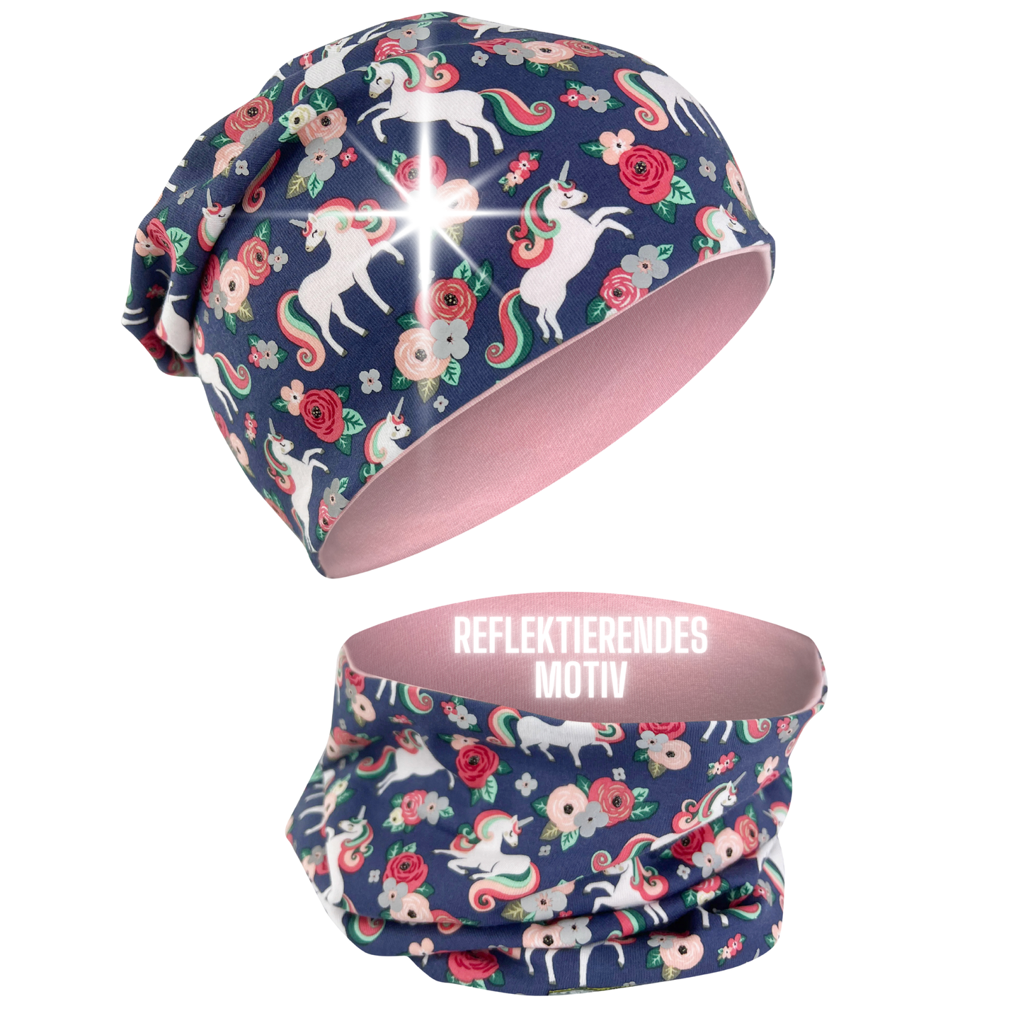 Kinder Reflektor Mütze & Loop - Einhorn