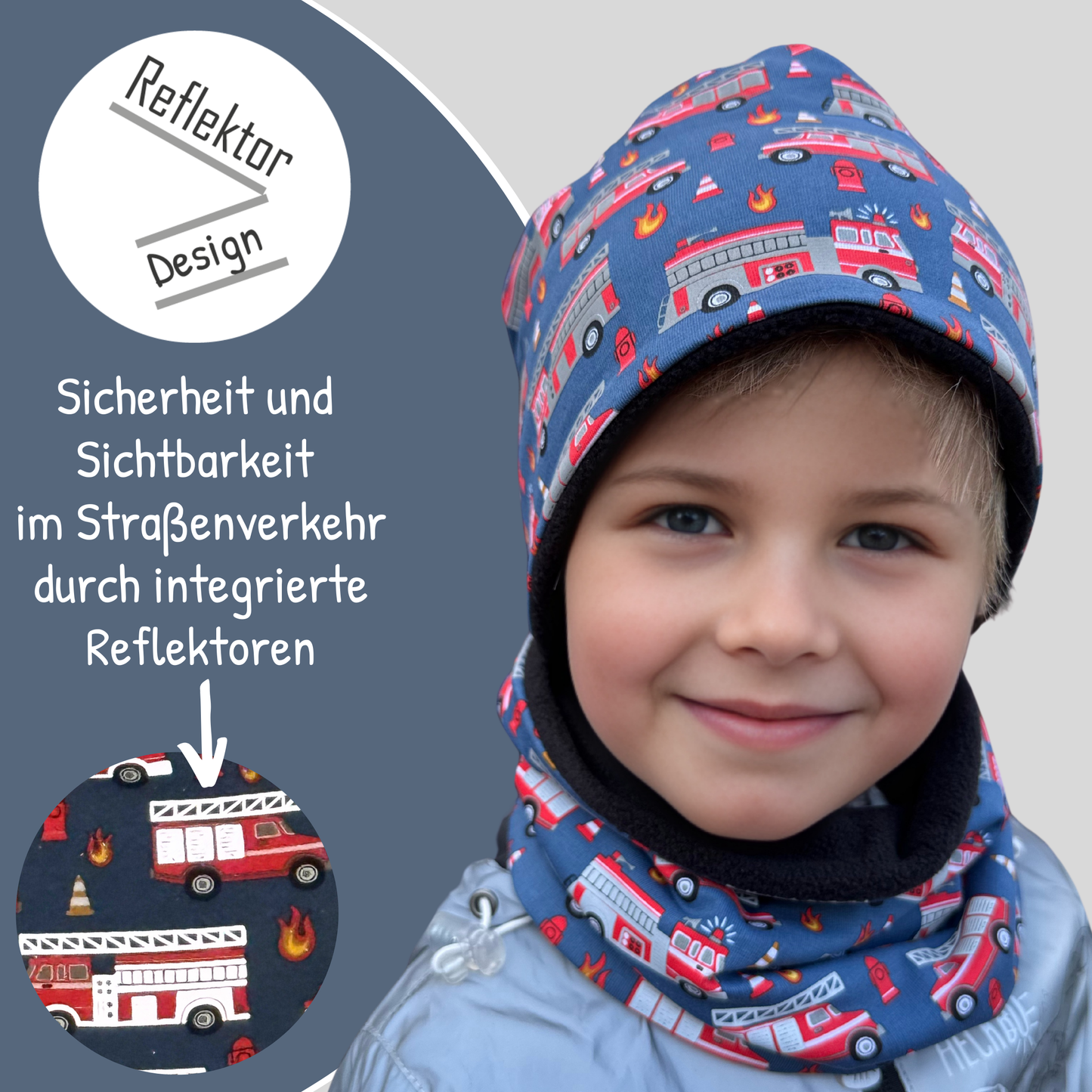 Kinder Reflektor Mütze & Loop - Feuerwehr
