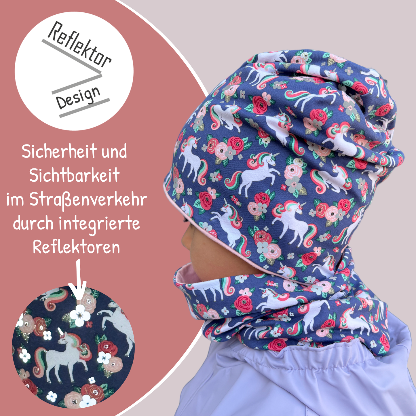 Kinder Reflektor Mütze & Loop - Einhorn
