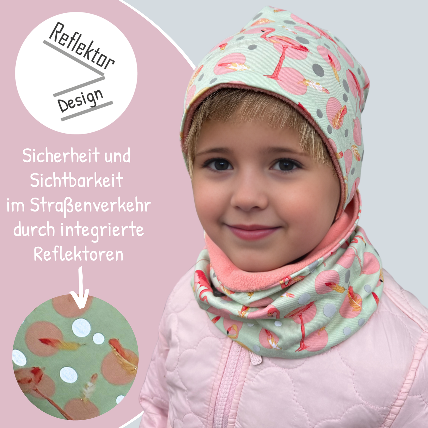 Kinder Reflektor Mütze & Loop - Flamingo