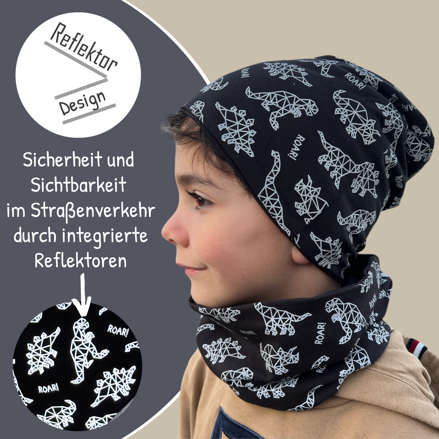 Kinder Reflektor Mütze & Loop Dinosaurier