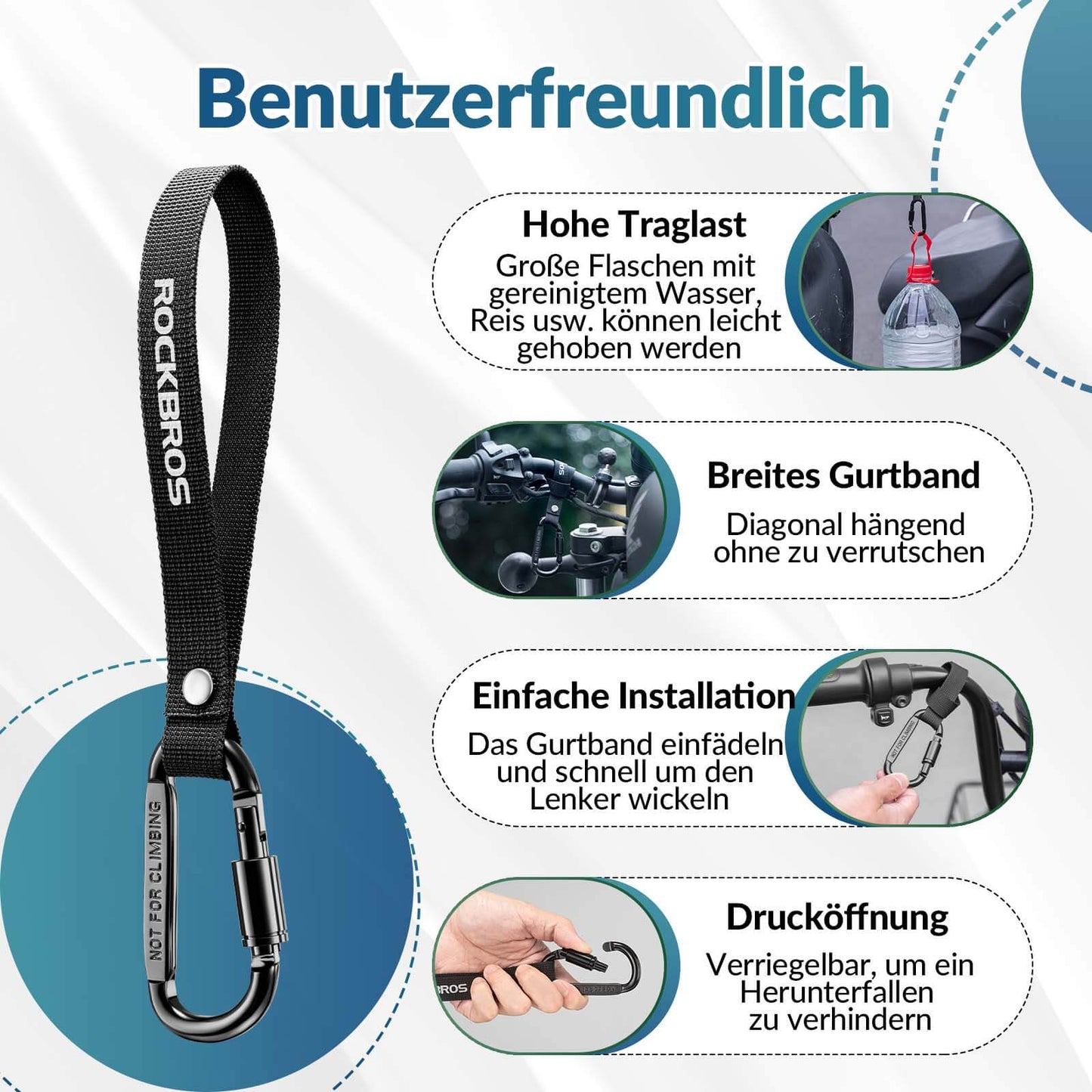 ROCKBROS Fahrrad Karabinerhaken Multifunktional mit Strapazierfähigem Gurt